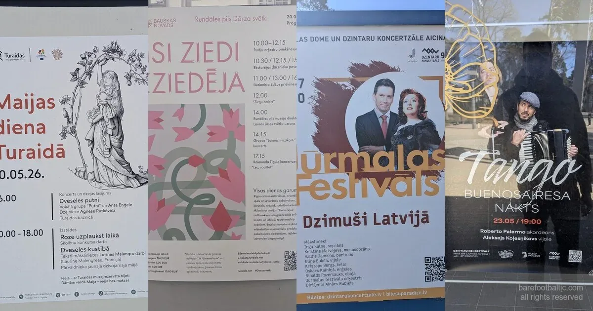 Fyra evenemangsaffischer sedda runt om i Lettland våren 2026, Maijas dag i Turaida, Trädgårdsfestivalen på Rundāle, Tango Buenos Aires-natten och Jūrmalafestivalen.