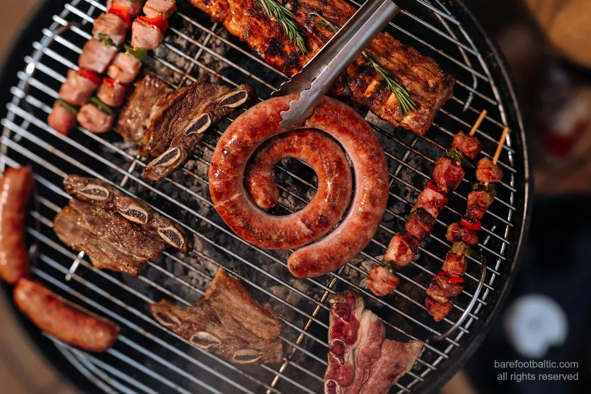 Ringlad lettisk korv, fläskrevben, korta nötrevben och spett på en kolgrill, hörnstenen i det lettiska köket.