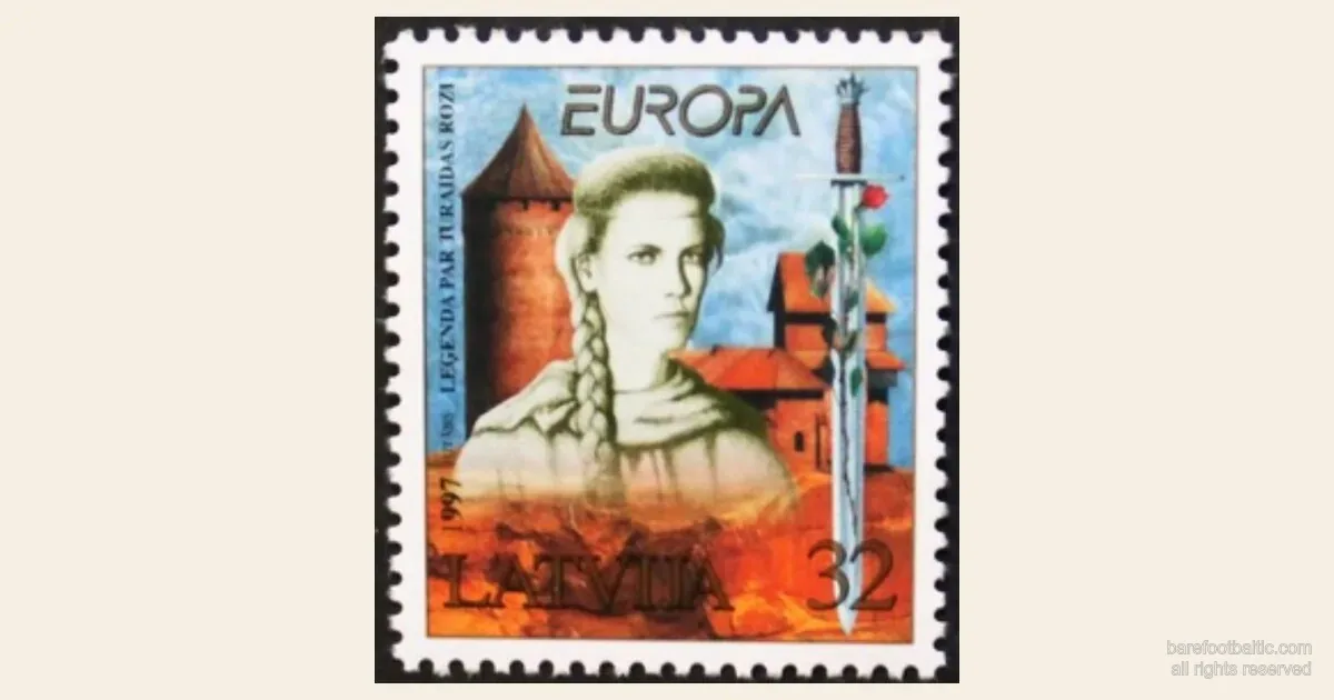 Lettiskt EUROPA-frimärke från 1997, Legenden om Turaidas ros, formgivet av Juris Utāns