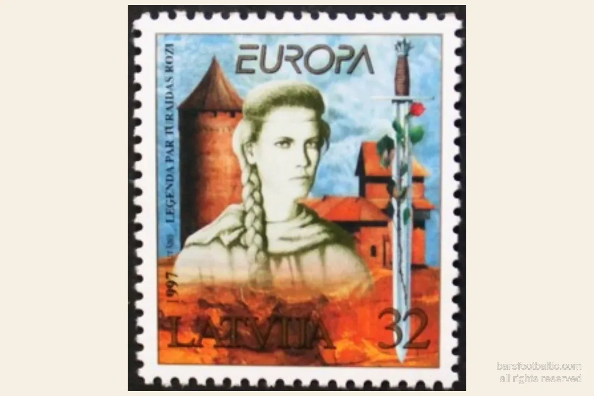 Lettiskt EUROPA-frimärke från 1997, Turaidas ros legend, formgivet av Juris Utāns