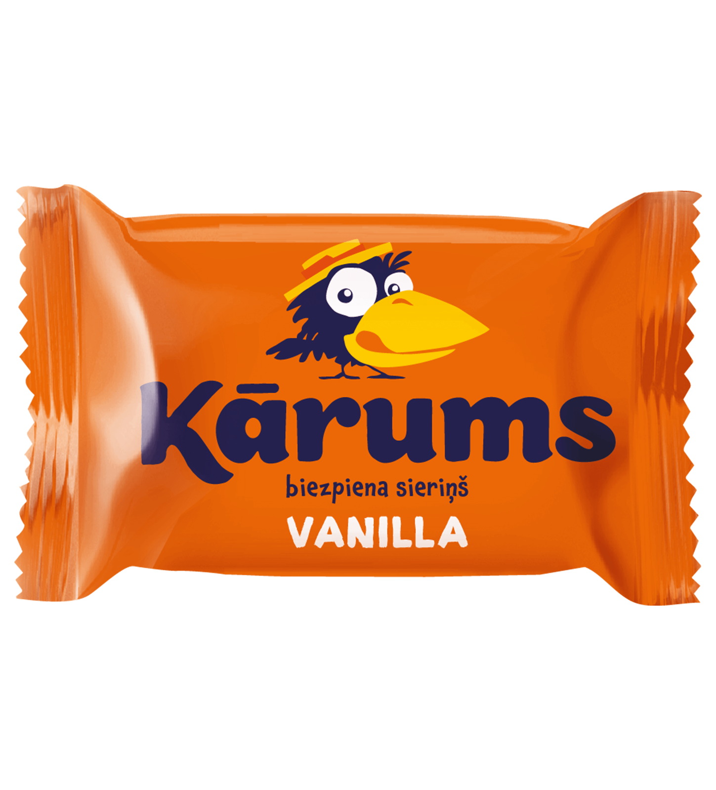 Kārums biezpiena sieriņš vanilj, den lettiska ochokladdoppade kvargstången i sitt orange omslag med den tecknade kråkans logga